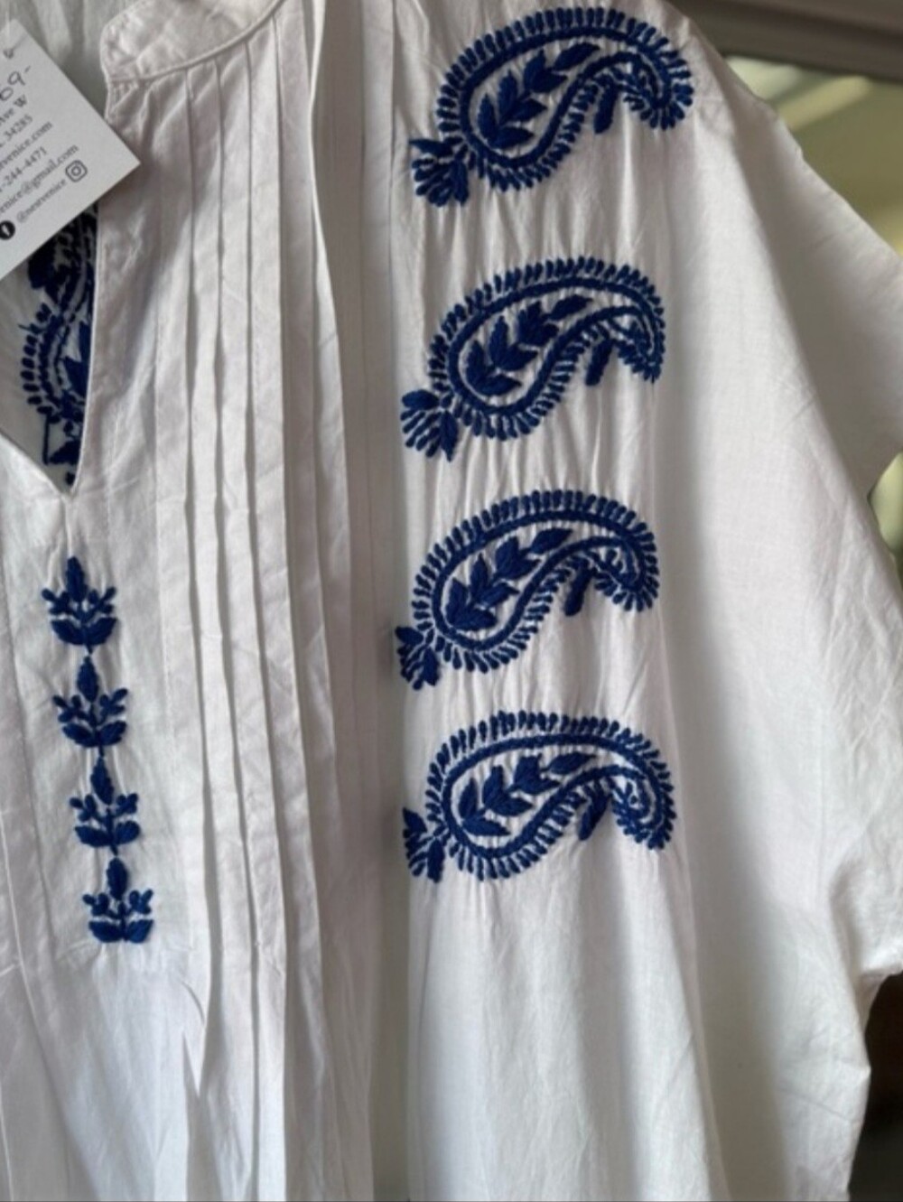 Seyva Caftan Maxi Dress Blue Embroidered White Cotton - One Size Gently worn. - Picture 3 of 9